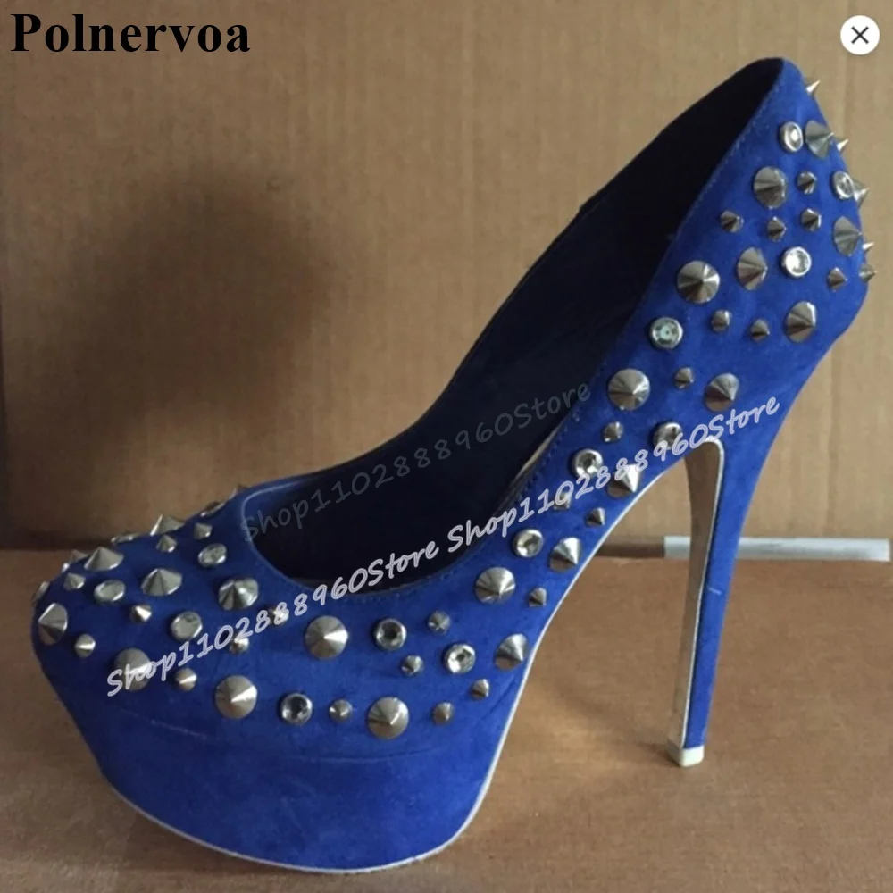 

Trendy Blue Flock Platform Rivets Shallow Pumps Stilettos High Heel Shoes For Women Slip On Round Toe Casual Banquet Women Pumps
