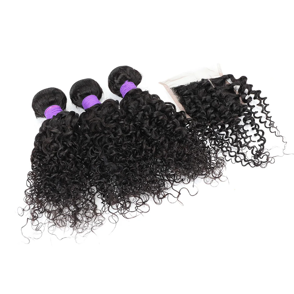 Mongolian Kinky Curly Hair Extension Human Hair Bundles with Closure Brazilian Bundle Human Hair Lace Closure Water Wave Bundles