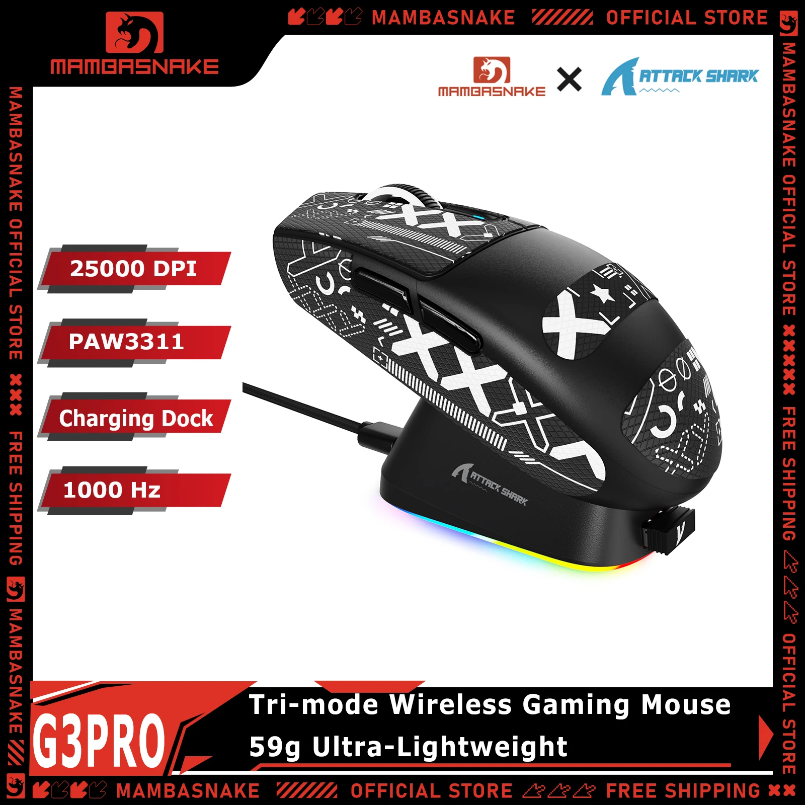 ATTACK SHARK G3PRO Tri-Mode Wireless Gaming Mouse RGB Charging Dock PAW3311 25K DPI Ultralight 59g For PC Mac Laptop