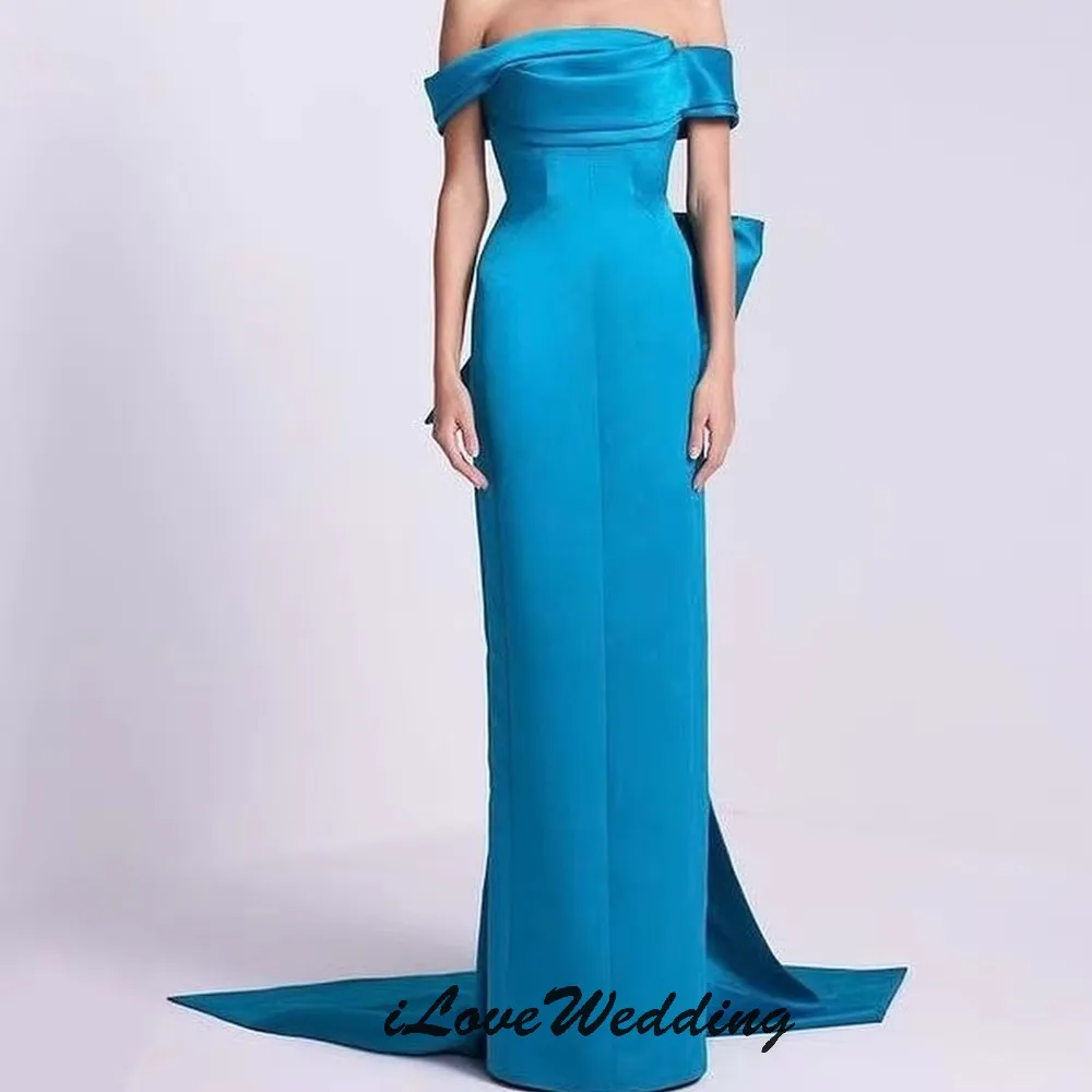 

Evening Dresses 2025 Aquarius Blue Wedding Party Dress For Woman Off The Shoulder Strapless Satin Sweep Train Elegant Customized