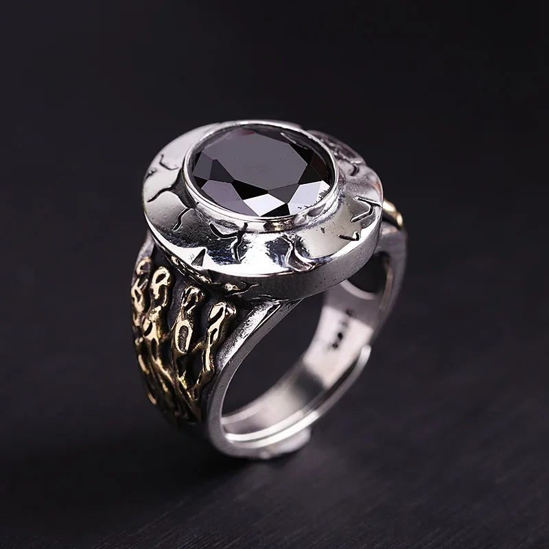 real s925 pure silver jewelry natural black agate individual vintage Viking men's ring trendy holiday gifts