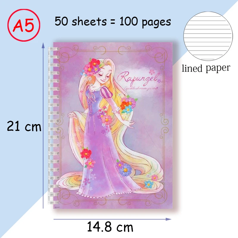 Cahier à spirale de dessin animé pour enfants, livre de notes A5, Raiponce plus riche, princesse Disney, film d\'anime, cahier d\'écriture esthétique,