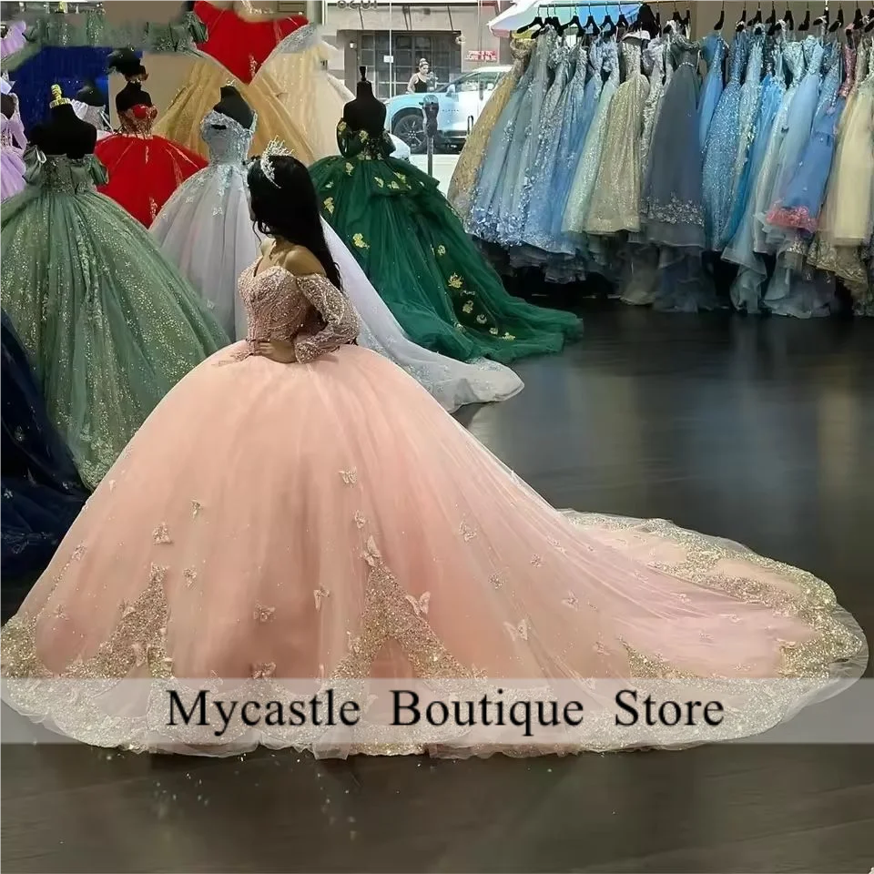 Eleganti abiti Quinceanera rosa 2025 maniche lunghe abito da ballo con perline abito dolce 16 abito da festa di compleanno fiore personalizzato