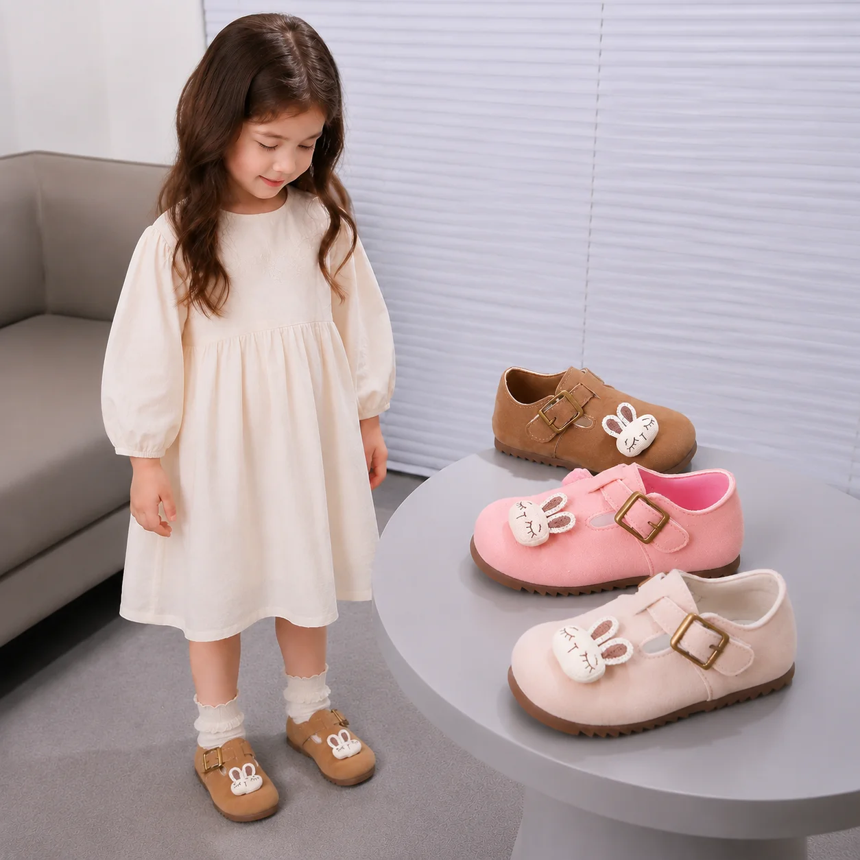 Mgo Kidss New Girls' Mary Jane Shoes with Rabbit Decoration, Spring and Autumn Children's Princess Shoes, Cute Cartoon Rabbit Ear Flats, Soft-Soled Non-Slip Casual Shoes for Girls, Kindergarten School Style Versatile C
