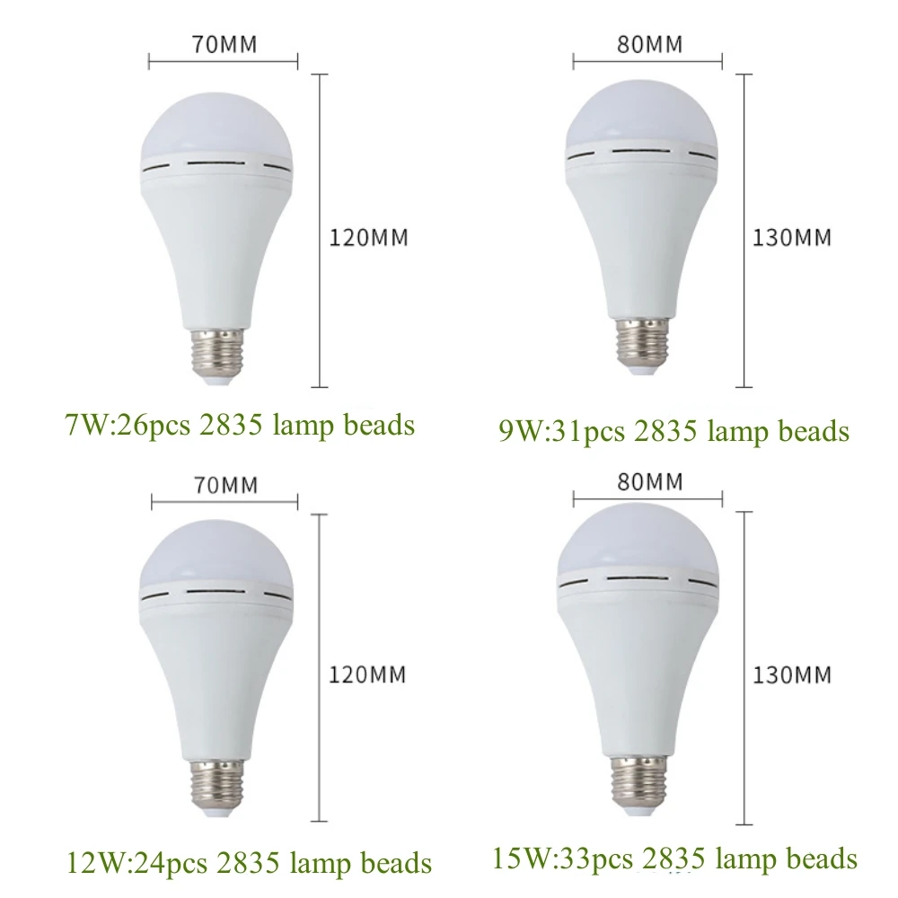 7000k LED Smart Emergency Light Quick Charge Highlight White Light Bulbs Home Outdoor E27 Lamp Head 7W 9W 12W 15W Lamp Bulb 2024