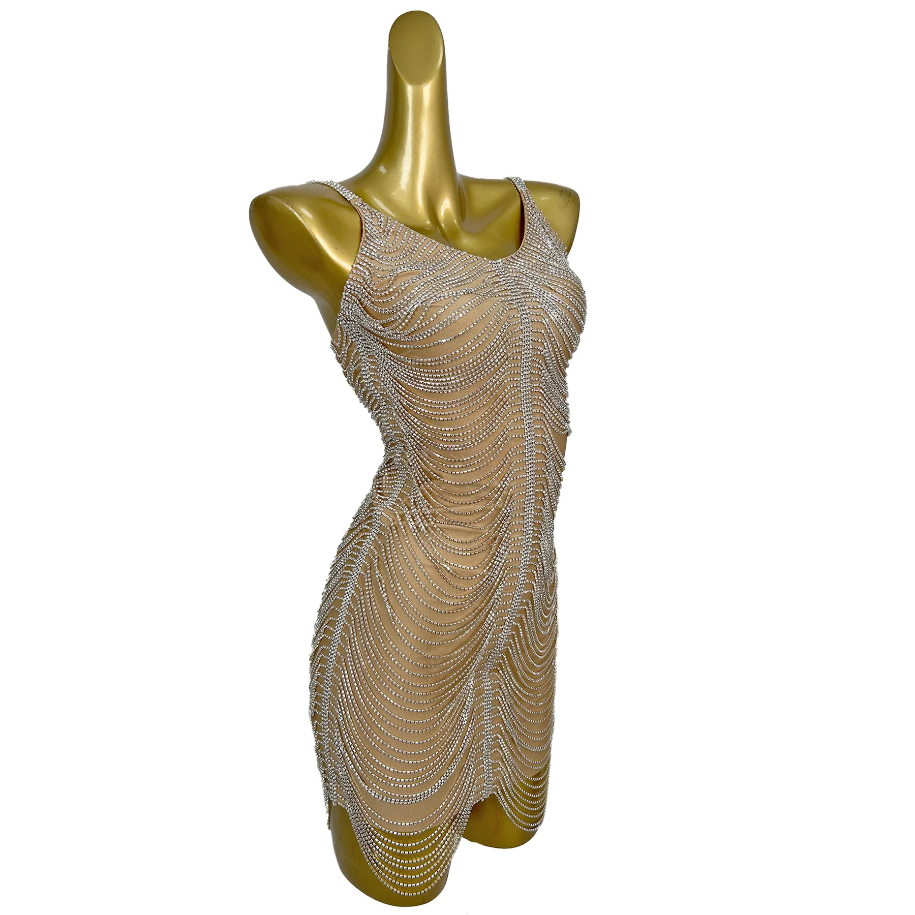 Diaodiao Abito da sera da donna di lusso Abito con cinturino a catena in argento brillante Abito da ballo da bar Abito da cocktail per matrimonio di compleanno