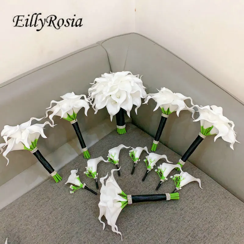 EillyRosia Original  White Calla Lily Bride Bouquet Real Touch Bridesmaid Wedding Holding Flowers Boutonnieres Set Customized