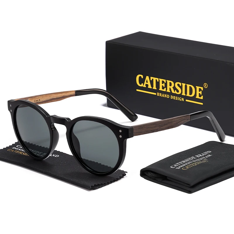 CATERSIDE Herren Runde Sonnenbrille Massivholz Tempel Hochwertige Federscharnier Sonnenbrille Damen Party Reisebrille UV400 – Detail 6