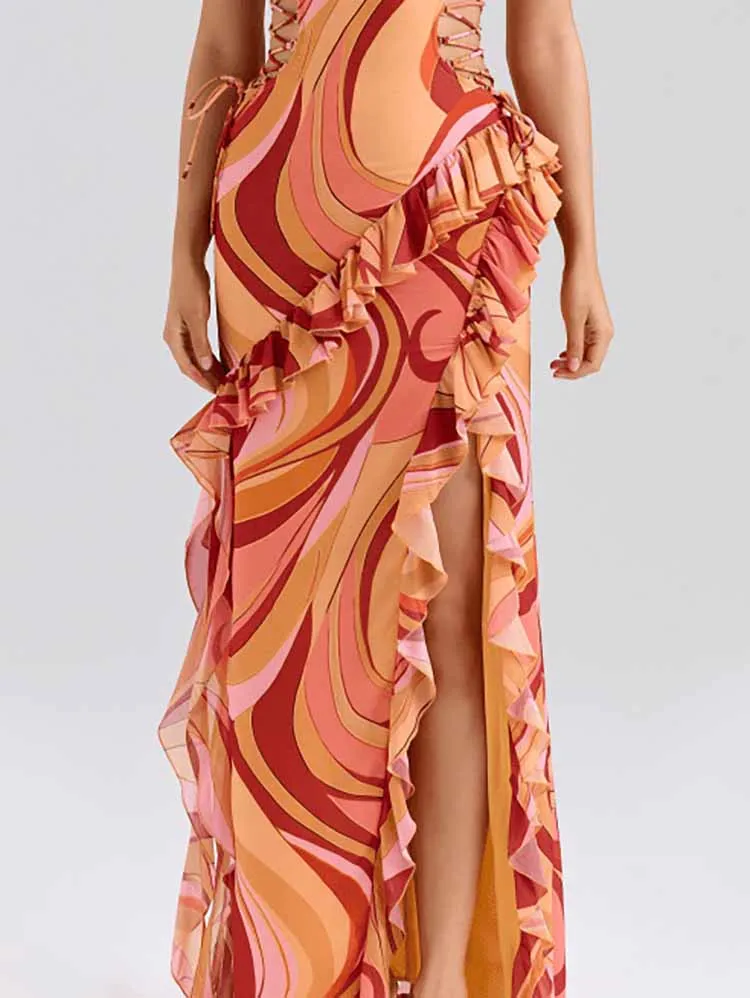 Vestido de fiesta bohe ajustado con estampado de patrón de moda para mujer, vestidos largos sexis con volantes y espalda descubierta, vestido elegante sin mangas con hombros descubiertos y tirantes