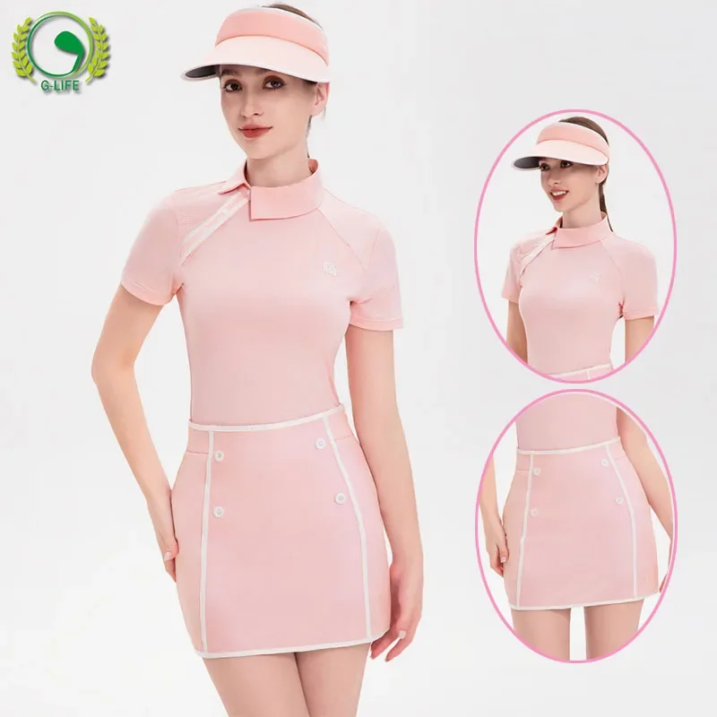 

Women Mandarin Collar Golf T-shirt Short Sleeve Sports Tops Ladies A-line Button Skirt Slim Pencil Skort Elegant OL Golf Suit