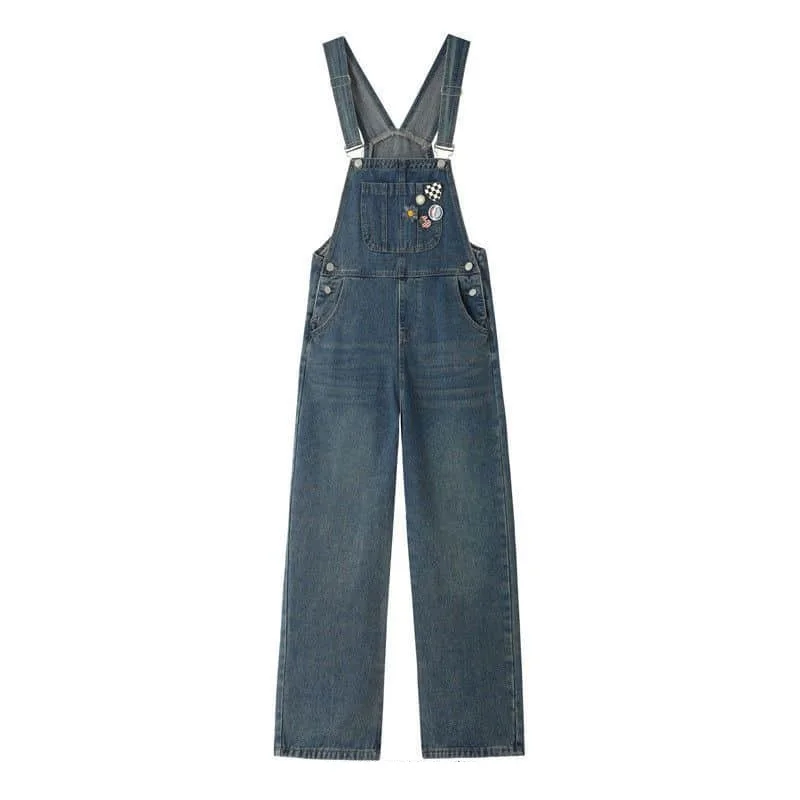 

Denim Jumpsuits for Women Emblem Design Wide Leg Pants One Piece Outfit Women Rompes Loose Korean Style Casual Vintage Overalls