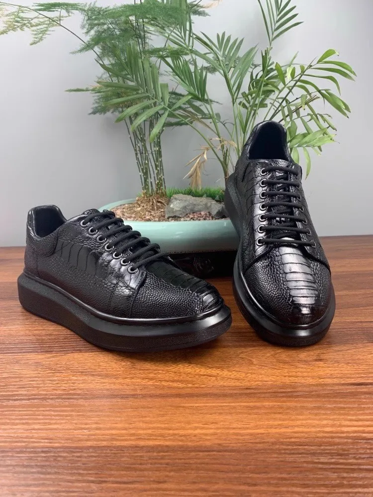 Fashion Ostrich Skin High Quality Mens Genuine Leather Casual Shoes Lace Up Round Toe Thick Platform Shoes Customized 15 Days