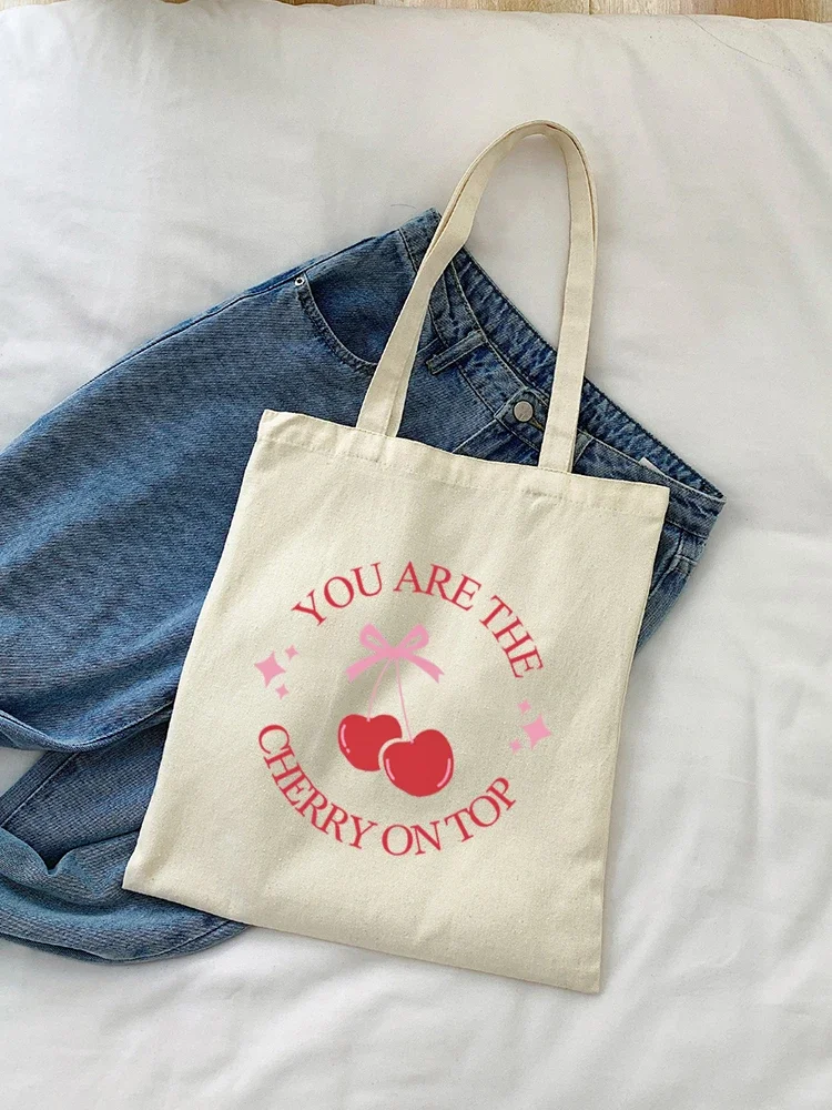 1pc Cherry Patterned Handbag Aesthetic Tote Bags Canvas Bag Fruit Cute Shopping Bags Canvas Shoulder Bag Women Students Eco Shop