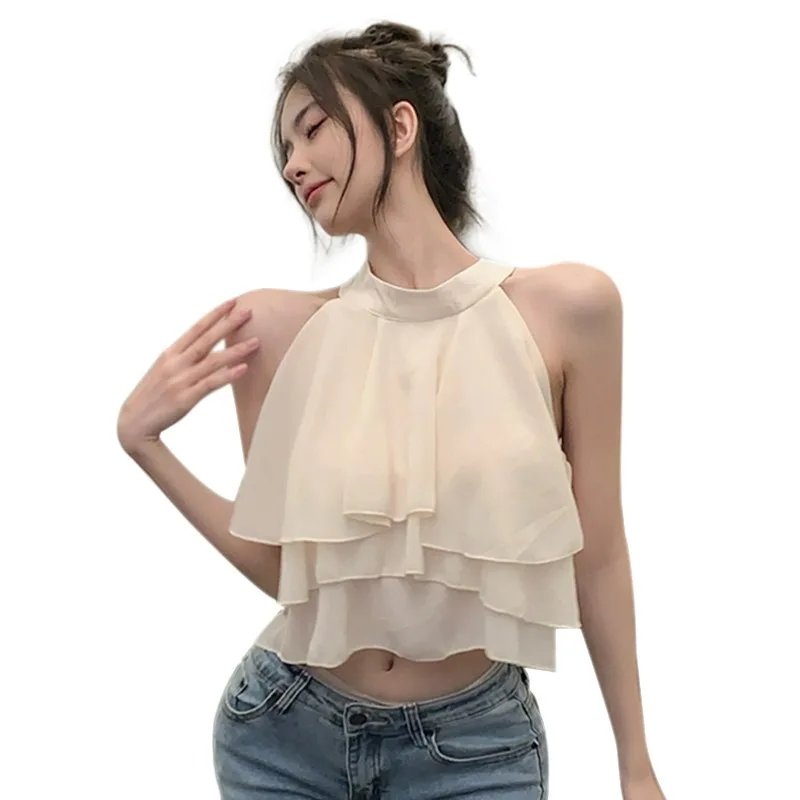 Women Holiday Chiffon Cake Shirt Summer Sleeveless  Strap Tank Top  Female Halter Neck Fashion Versatile Top