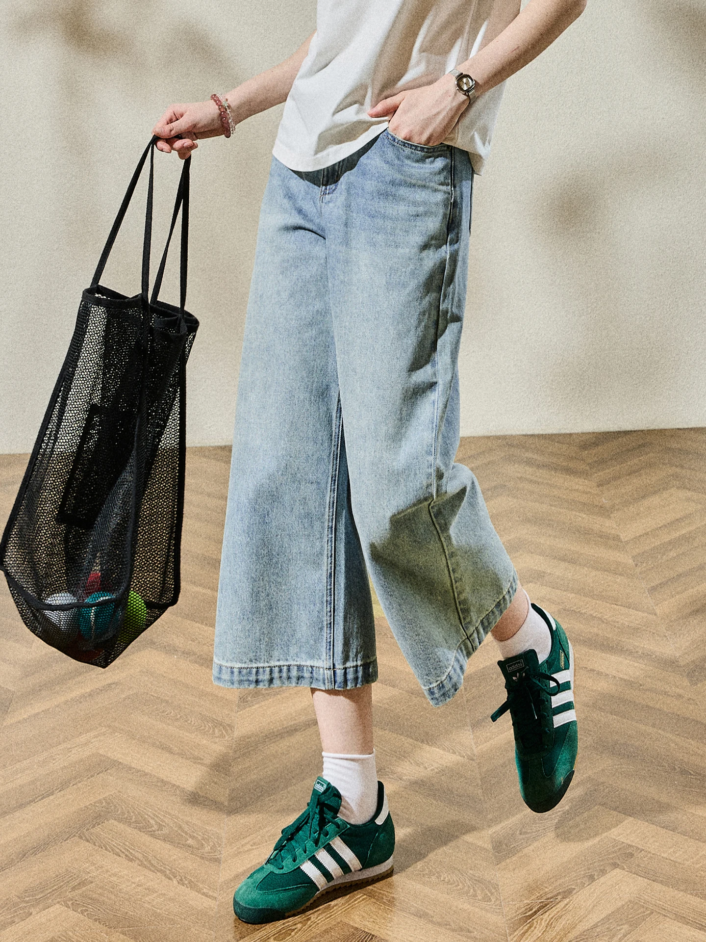 High Waist Wide Leg Nine-Tenths Jeans Washed Slimming Concealing Casual Style Autumn Collection Comfortable Cotton Denim