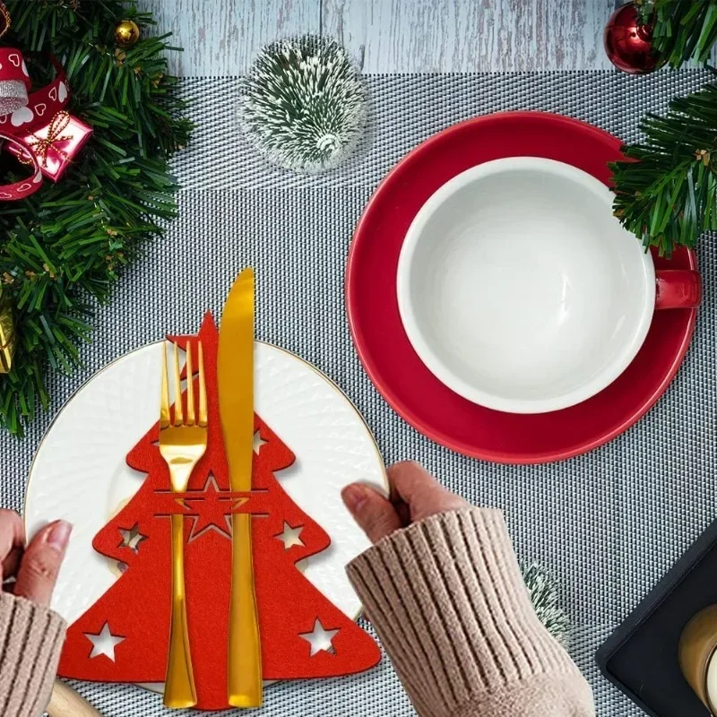 احتفالية عيد الميلاد أواني مجموعة حامل شجرة نجمة الرنة نمط أدوات المائدة لفة حقيبة لتخزين ديكور للطاولات حفلة السنة الجديدة