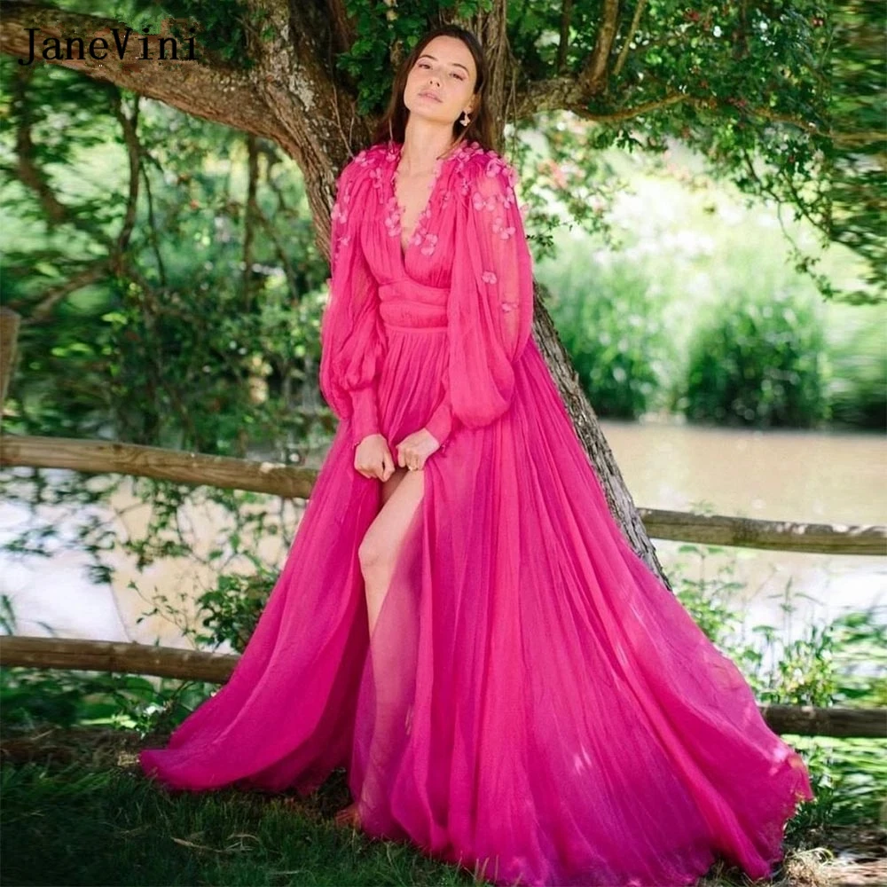 JaneVini Newest Design 3D Butterfly Flowers Long Sleeves Prom Dresses Deep V Neck Fuchsia High Split Tulle A Line Evening Gowns