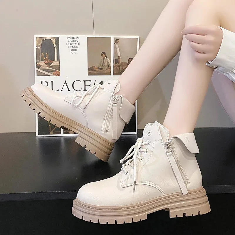 2023 Ladies Shoes Side Zip Women's Boots Classics Ankle Boots Women Turned-over Edge Round Toe Lace-up Square Heel Shoes Women