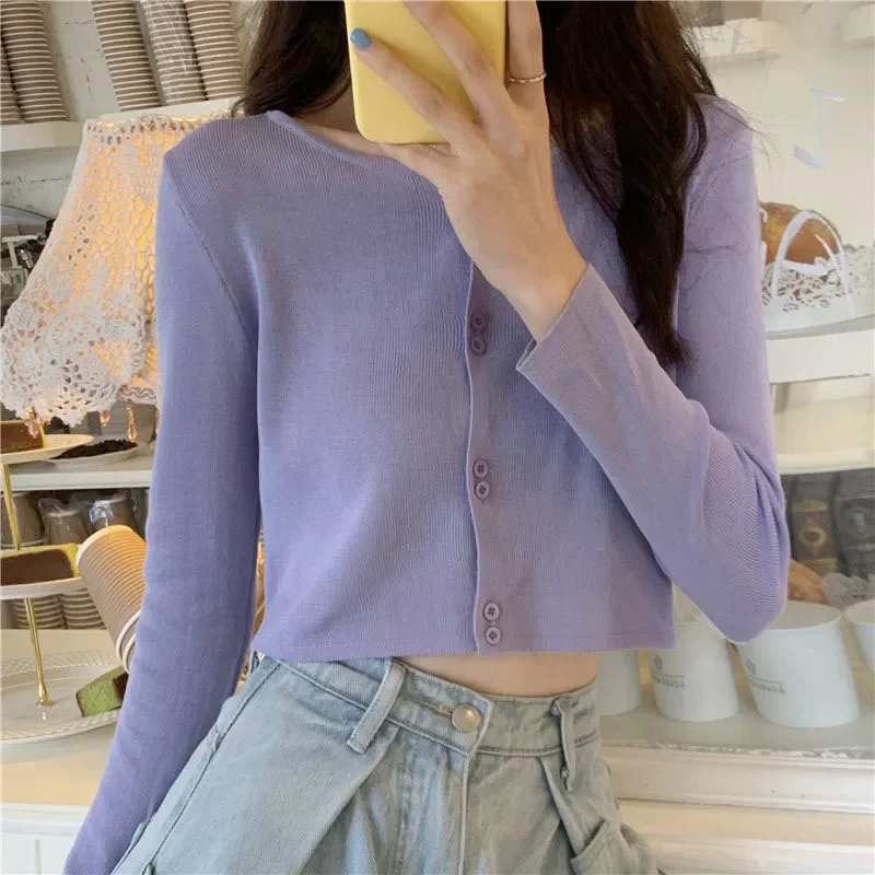 Lucyever Maglioni corti solidi Donna Autunno Inverno Cardigan lavorato a maglia a maniche lunghe Donna Coreana All-Match Top in jersey con bottoni