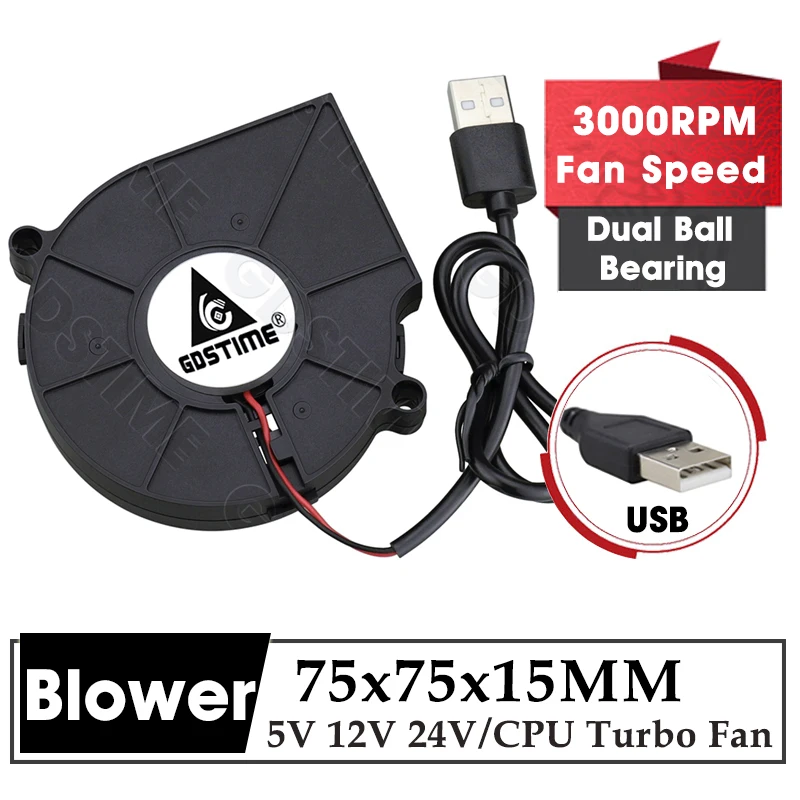 

Gdstime 70MM Fan 75MM*15MM Radial Blower 24V 12V 5V DC Centrifugal Fan 7515 Dual Ball Turbo Fan for PC CPU,Air Purifier Cooling