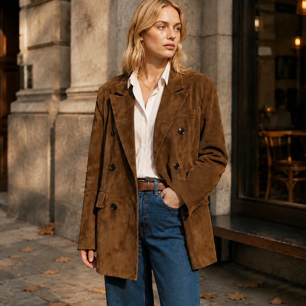 100% Genuine Leather Blazer Coat for Women Classic Retro Premium Suede Goatskin Female Double Breasted Oversized Blazer Outwear
