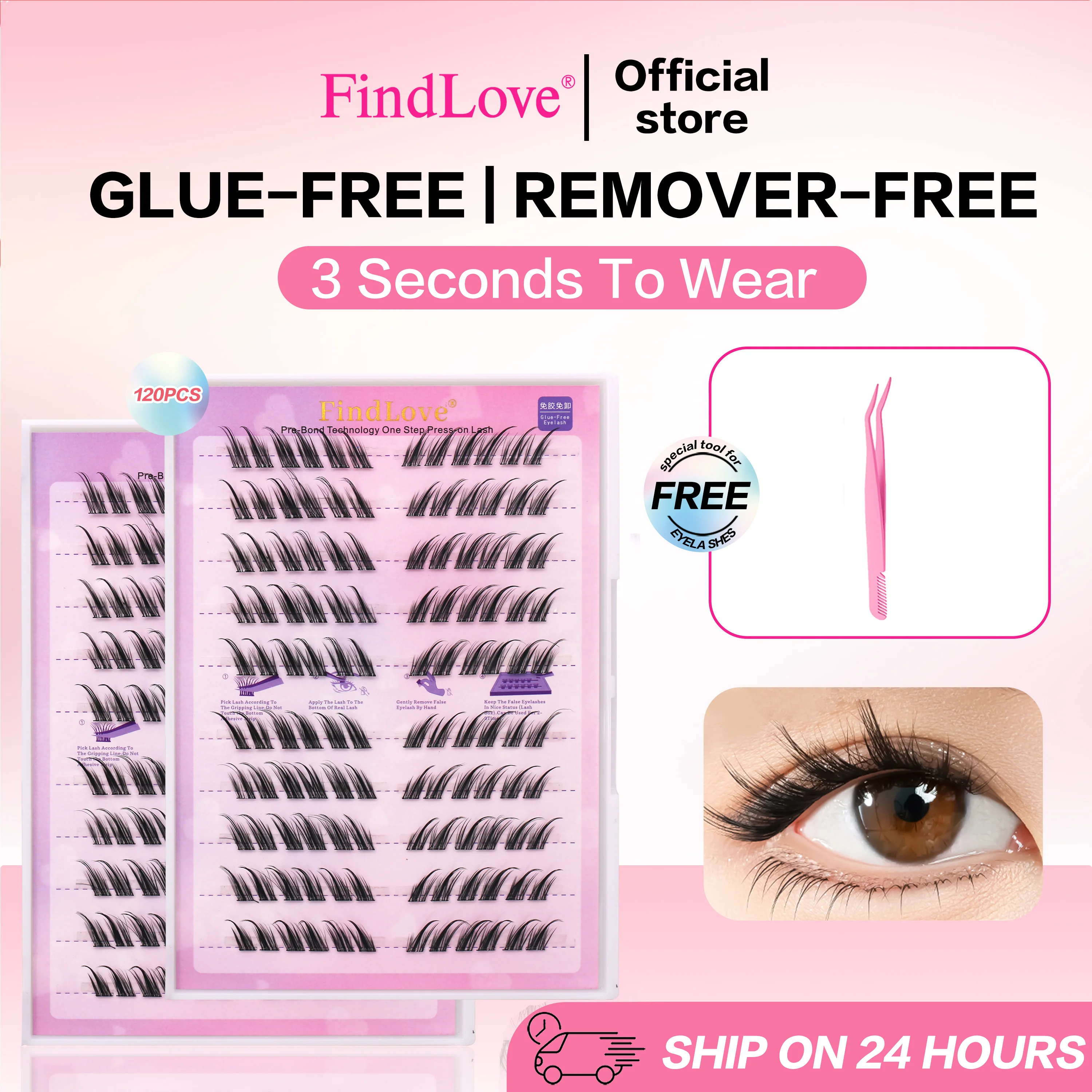 FindLove-Cílios Fox Eye Glue-Free, cílios postiços naturais e macios, cílios auto-adesivos, cílios reutilizáveis para iniciantes, 120pcs