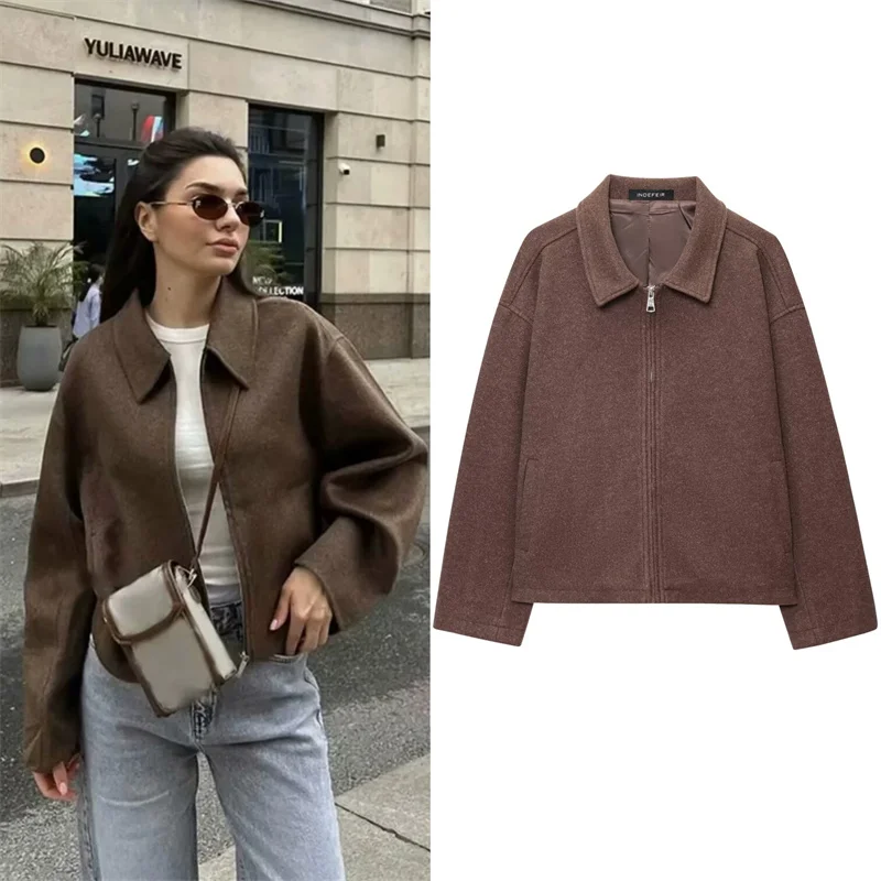 

Women's Jacket New Fall 2025 Brown Long Sleeve Lapel Woolen Jacket Texture Jacket Casual Fashion Personality Versatile