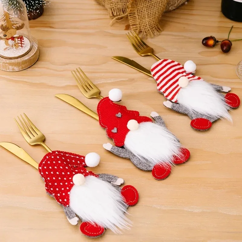 6/1PCS Christmas Knife Fork Holder Faceless Santa Claus Home Kitchen Tableware Holder Bag Party Gift Xmas Ornament Christmas