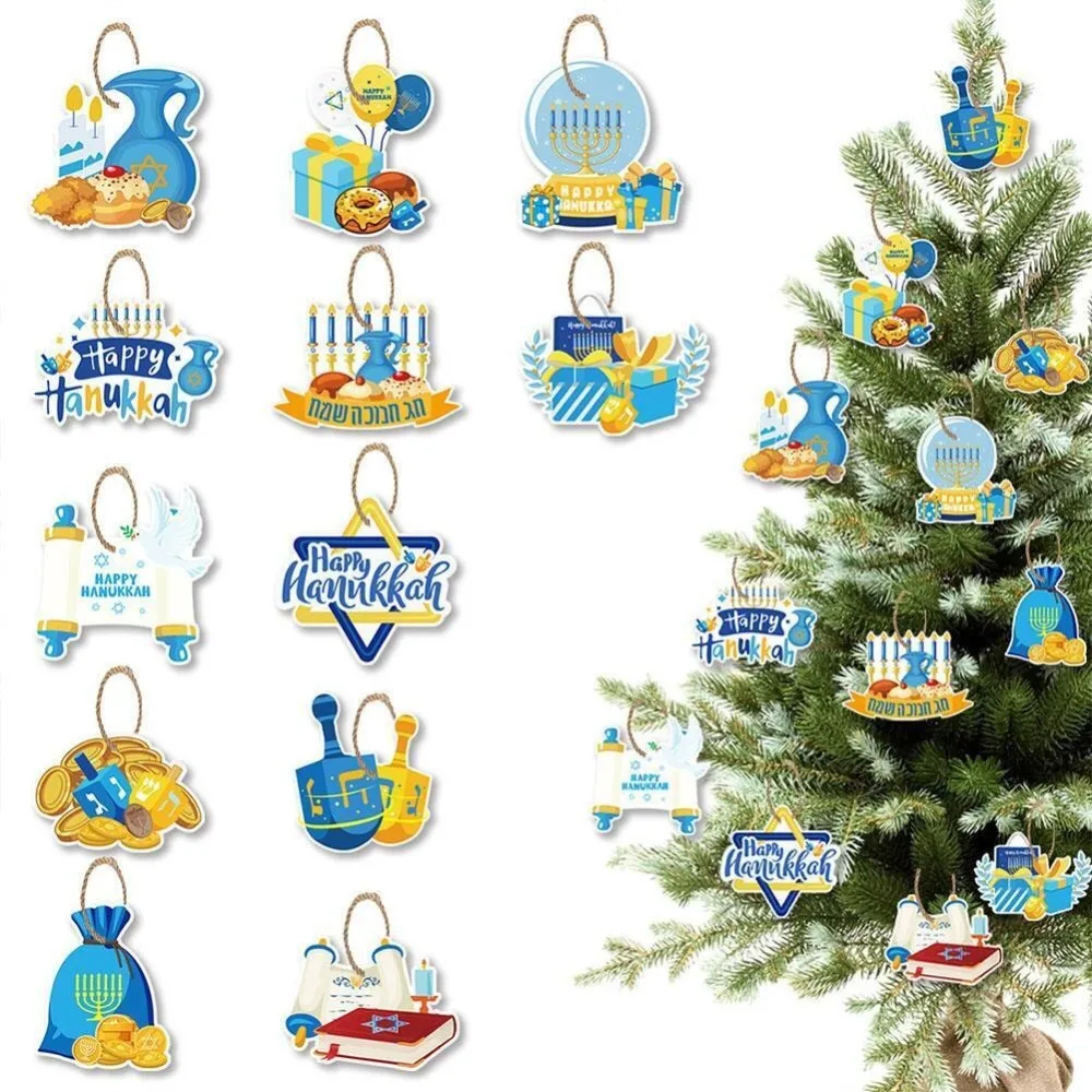 12Pcs/Set Creative Happy Chanukah Jewish Hanukkah Decor DIY Cardstock Paper Cards Hanging Ornament Party Decoration Pendant Gift