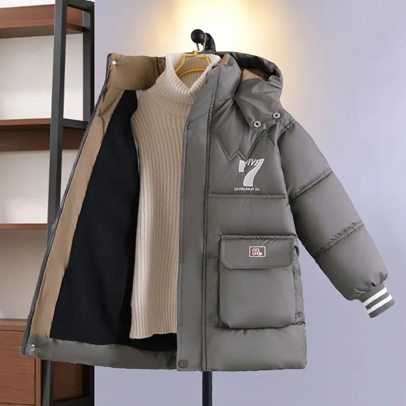 

Winter Teen Boys Jacket Letter Print Lined With Velvet Thick Warm Hooded Zipper Parka Coat For 6-14Y Kids Cotton Outwear