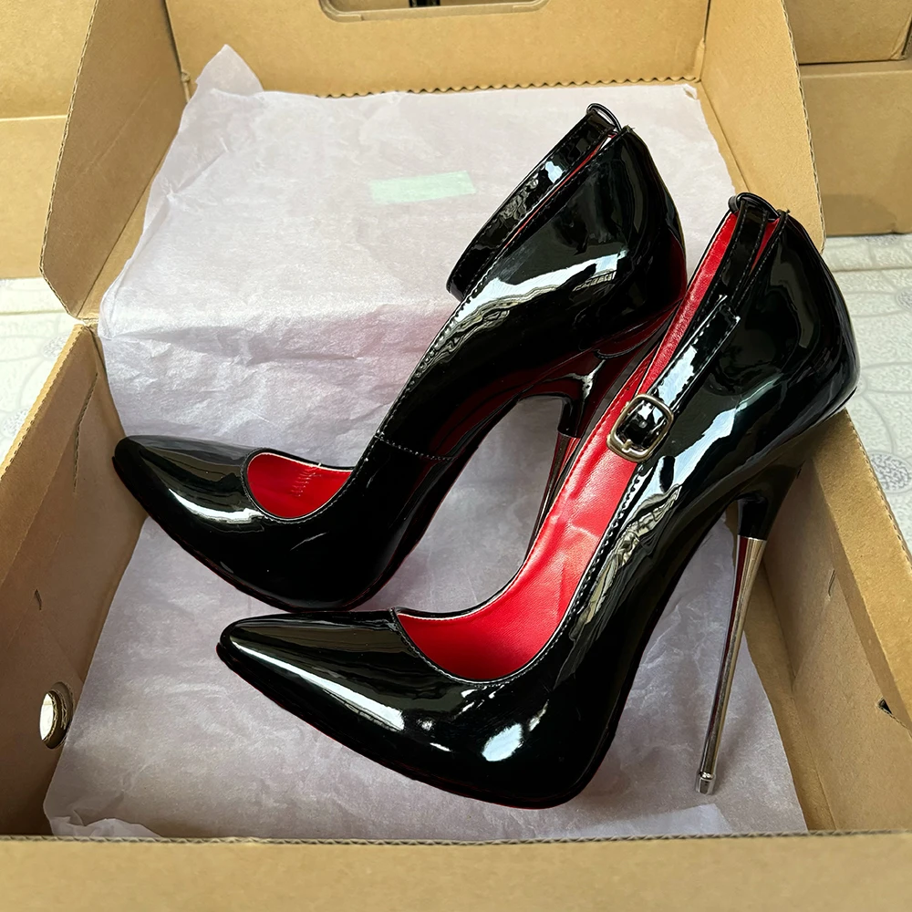 

Туфли-лодочки на очень высоком каблуке 16 см, туфли-лодочки на шпильке с ремешком на щиколотке, черные, красные, с перекрестной комод, фетиш-сценическая обувь унисекс, большие размеры