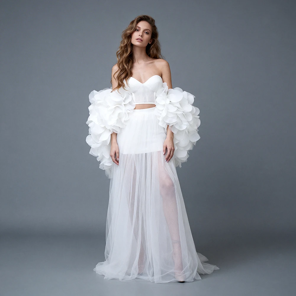 

Evening Dresses White Sweetheart 2 Piece Set Prom Dress with 3D Floral Bridal Cape Women's Formal Evening Gowns ES6325D