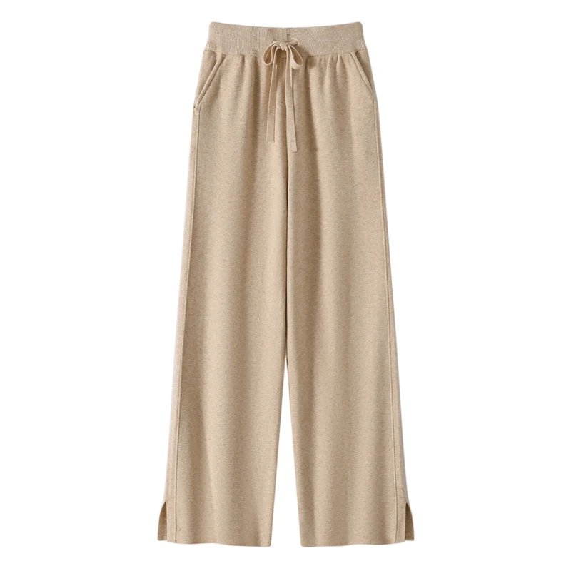 Winter 2025 New Women's Woolen Fleece Warm Pants Elastic High Waist Drawstring Autumn Chic Female Casual Side Slit Wide Leg Pant