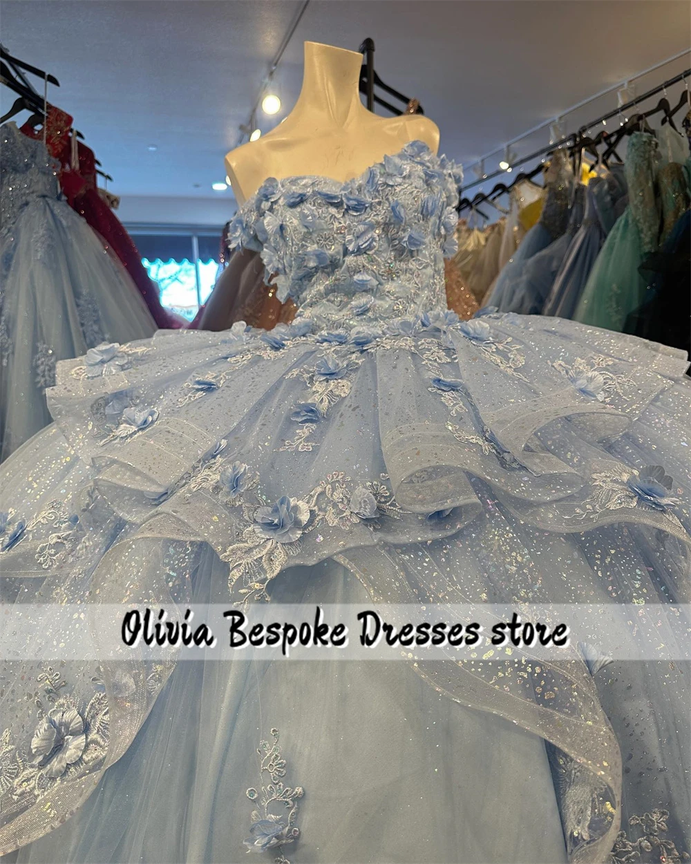 Bebê azul princesa vestido de baile, charmoso 15 vestidos Quinceanera, babados, apliques florais 3D, vestido de formatura, 2024