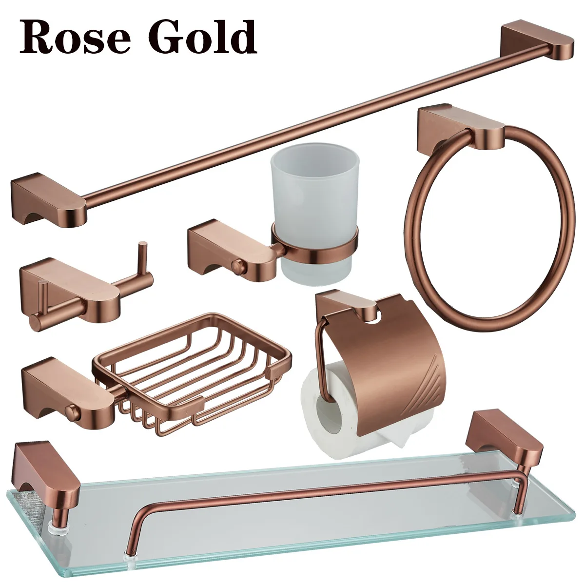 7 Pieces Wall Mounted 304 Stainless Steel Modern Bathroom Accessory Set in Rose Gold