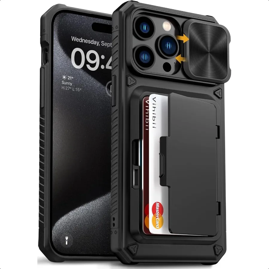 

Чехол Vihibii для iPhone 15 Pro Max с держателем для карт, 4 картами, выдвижной крышкой для камеры и подставкой, защита от падения в стиле милитари