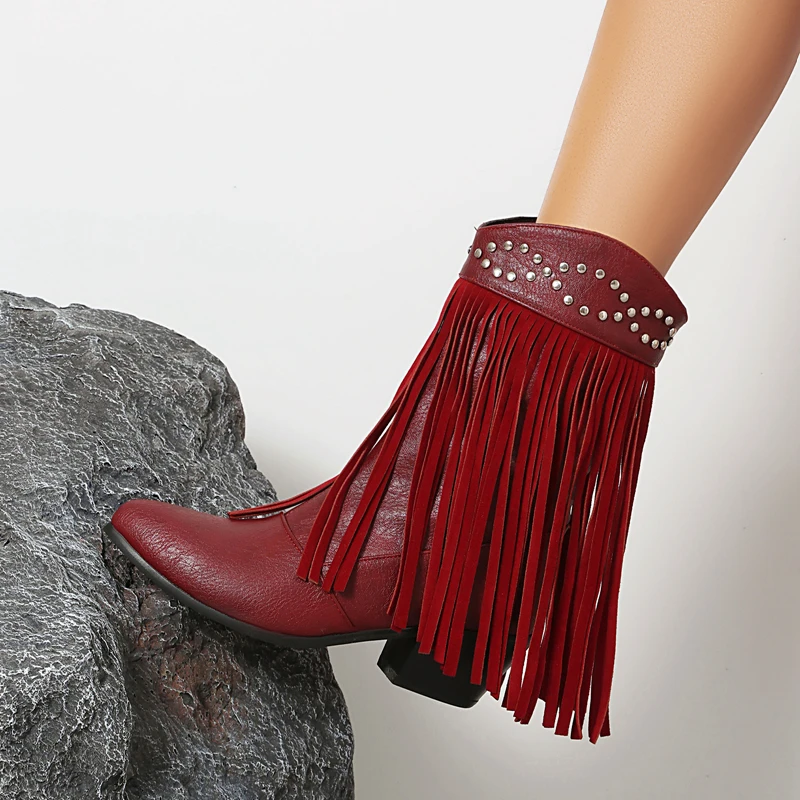 

Foreign Trade Retro Round Head Tassel Rivets Ankle Boots Woman Slip on High Heels Fringe Short Boot Winter Women's Booties 35-43