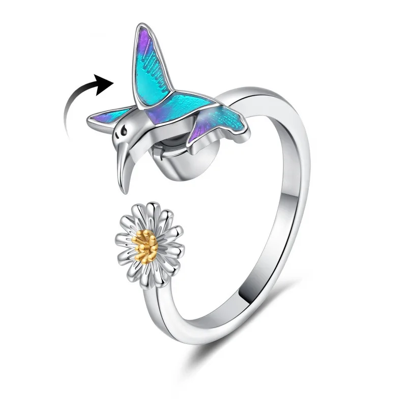 Popular color enamel fashion, niche design, hummingbird rotating ring, delicate colorful daisy ring, ani