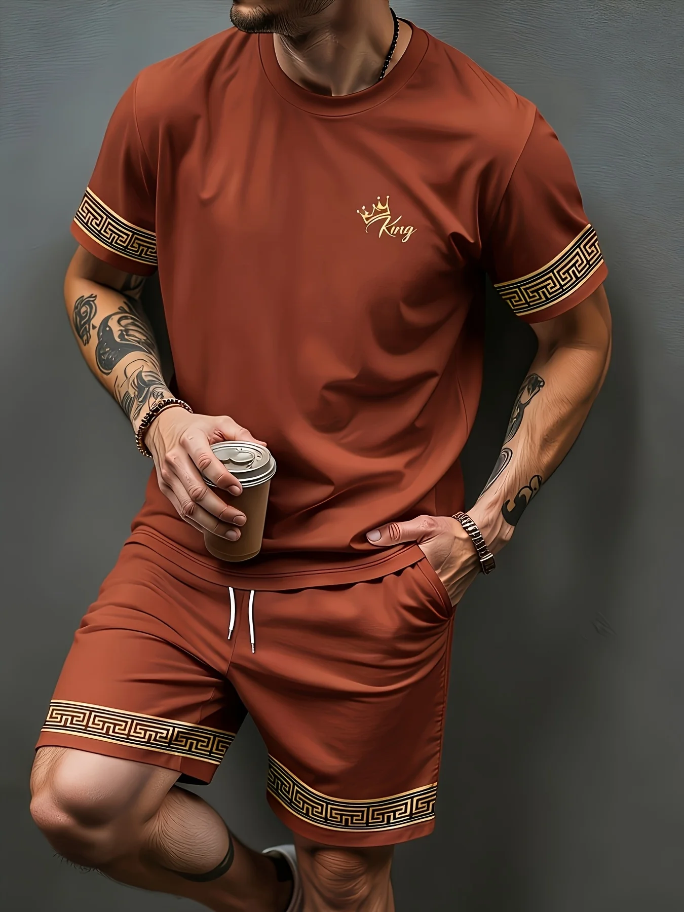 New Men's Summer Striped Letter Print Comfortable Breathable Round Neck T-Shirt Drawstring Shorts Set Outdoor Casual Wear
