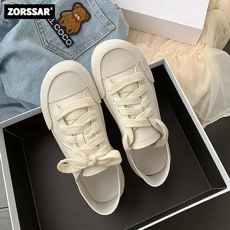 

2024 New Real Cow Leather Round Toe Thick Bottom Brand White Sneaker Simple Style Leisure Fashion Cozy Women Vulcanized Shoes