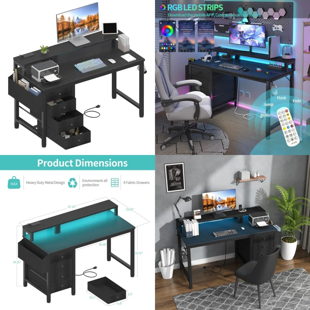 

Computer Desks47 inch gaming desk with LED lights and built in power outlets for computer and streaming setup