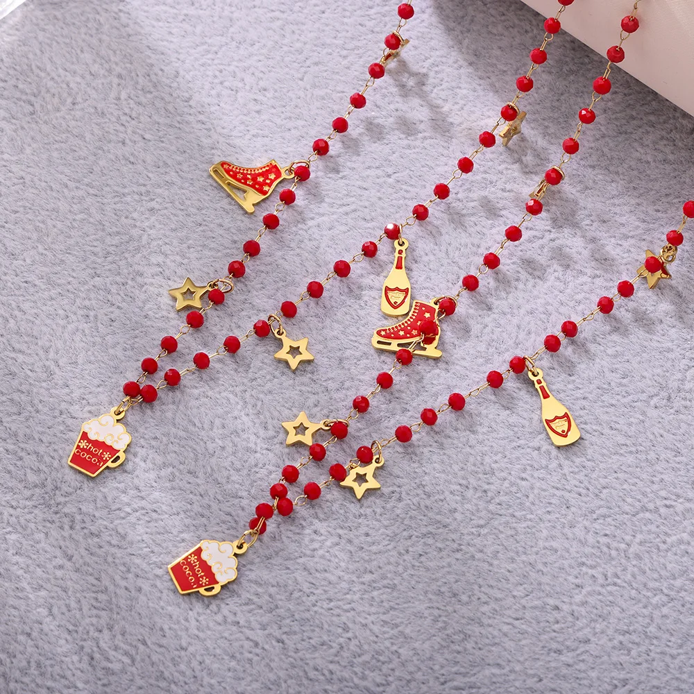 Star Beer Schlittschuh-Halsketten, Armbänder für Damen, 316L Edelstahl-Gliederkette, rote Granatperlen, Weihnachtsschmuck-Set, Geschenke – Detail 6