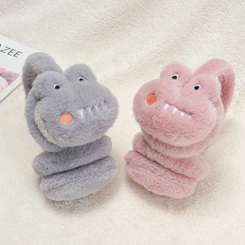 Детские зимние аксессуары, теплые наушники для мальчиков и девочек, милый динозавр, оранжевый плюшевый чехол для ушей, наушники