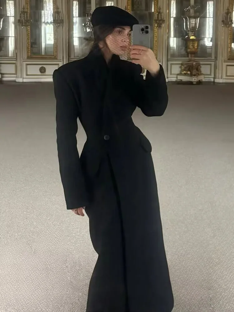 HH Dames Herfst Winter Mode Lange Mouw Rever Zakken Jas Vrouwelijk Simpel Temperament Streetwear Enkelknoops Lange Jas