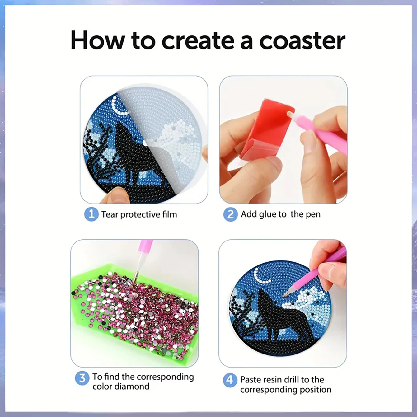 8 pieces/set of animal wolf diamond painting coaster set, DIY coaster with holder, beginner and adult diamond craft gift