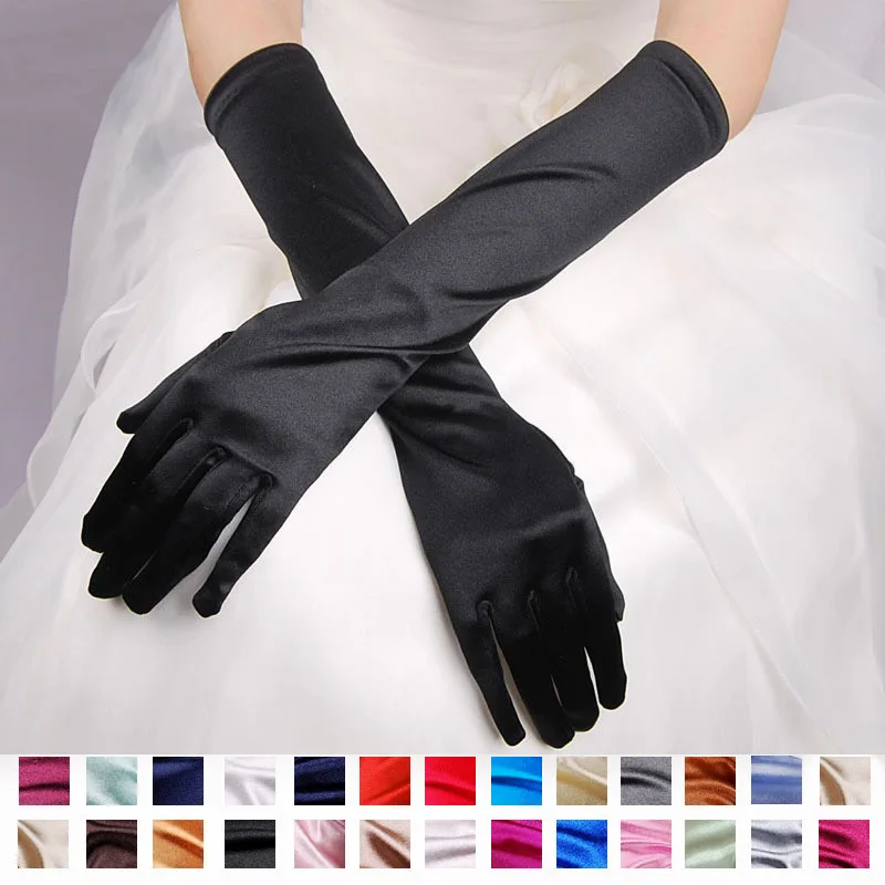 Guantes formales de fiesta de noche para mujer, manoplas de dedo largo de satén de Color sólido para eventos de boda, guantes Vintage rojos, negros