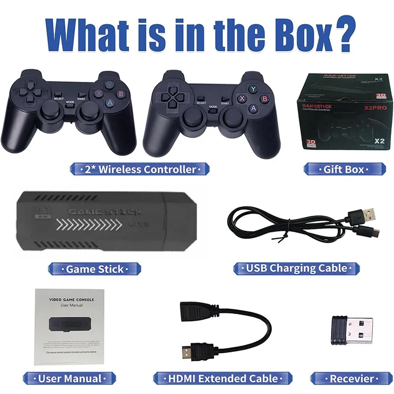 X2 Plus Game Stick 4K HD لعبة فيديو وحدة التحكم 256G 60000 + ألعاب 2.4G وحدة تحكم لاسلكية مزدوجة لعبة عصا ل N64/PSP/PS1/GBA