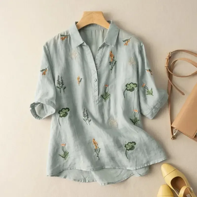 

Cotton linen embroidered short-sleeved shirt 2023 summer new Korean version of the women's loose V-neck fashion temperament casu