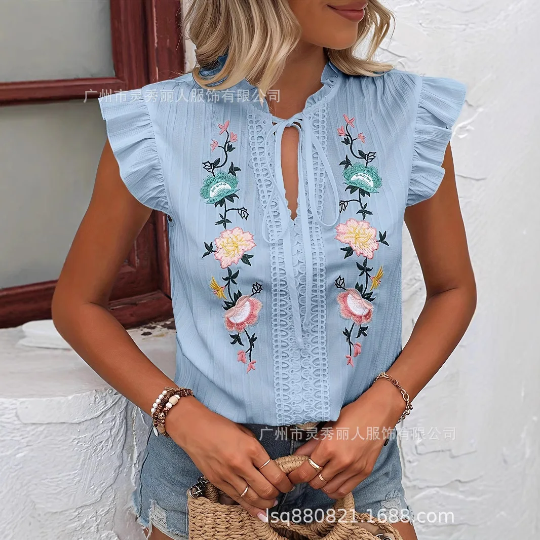 Elegant Cute Short-sleeved Embroidered Shirt Women Summer 2025 Fashion Loose Ruffless White Lace Up Tops Blouse