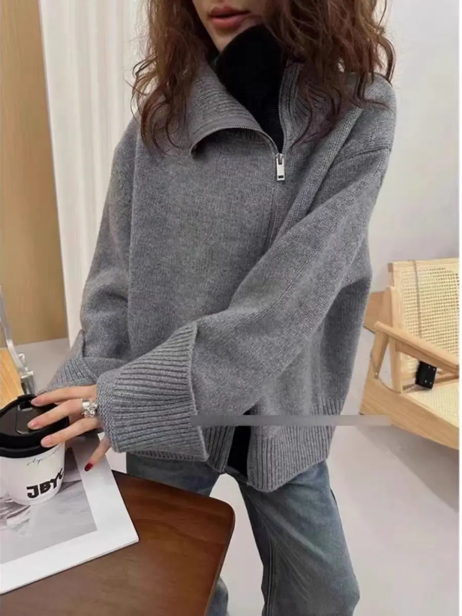 European turtleneck zipper 100% cashmere cardigan women\'s autumn and winter high-end loose thick wool knit sweater coat